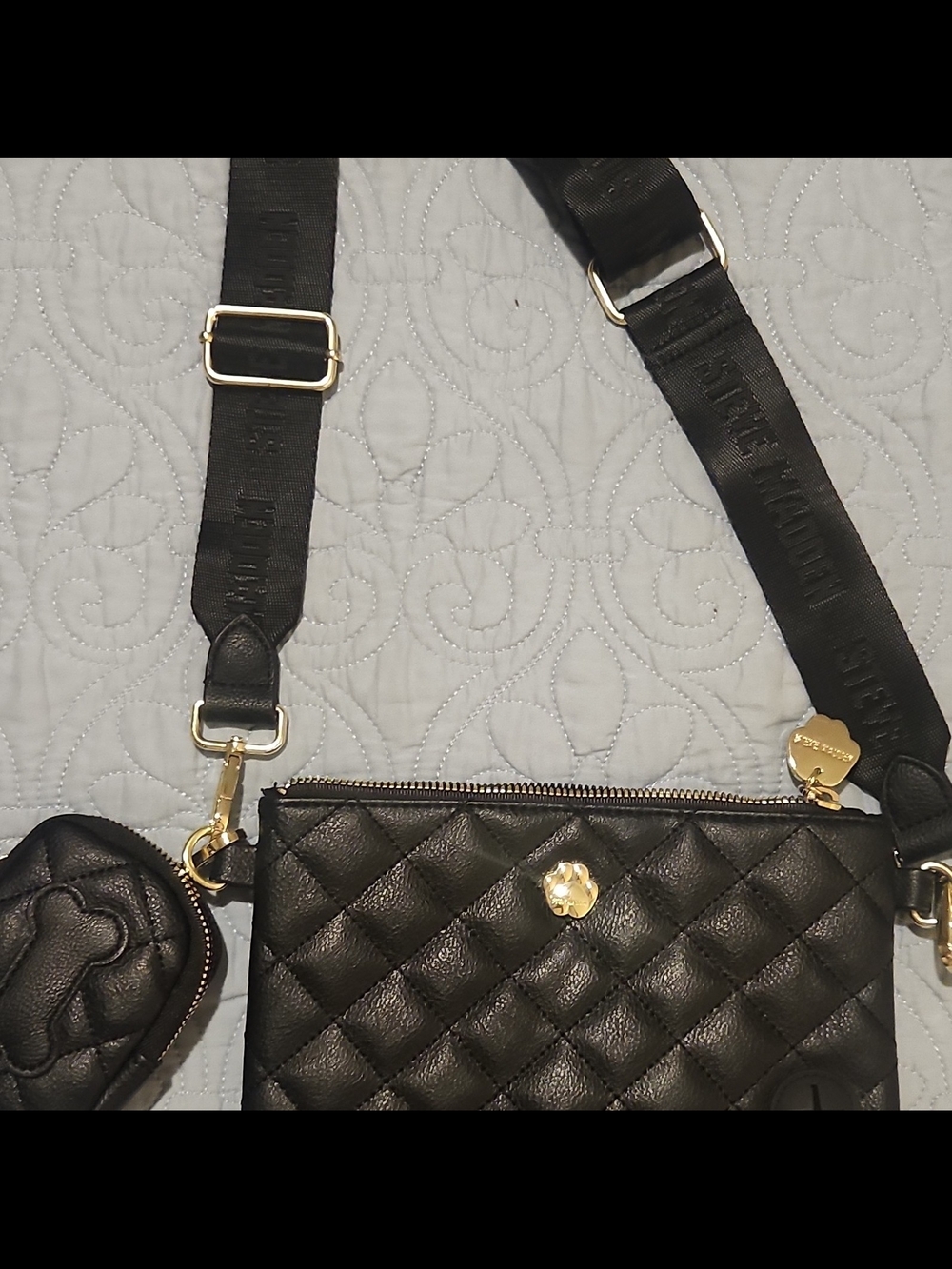 Steve Madden Dog Themed Quilted Black Crossbody Bag with Gold Hardware